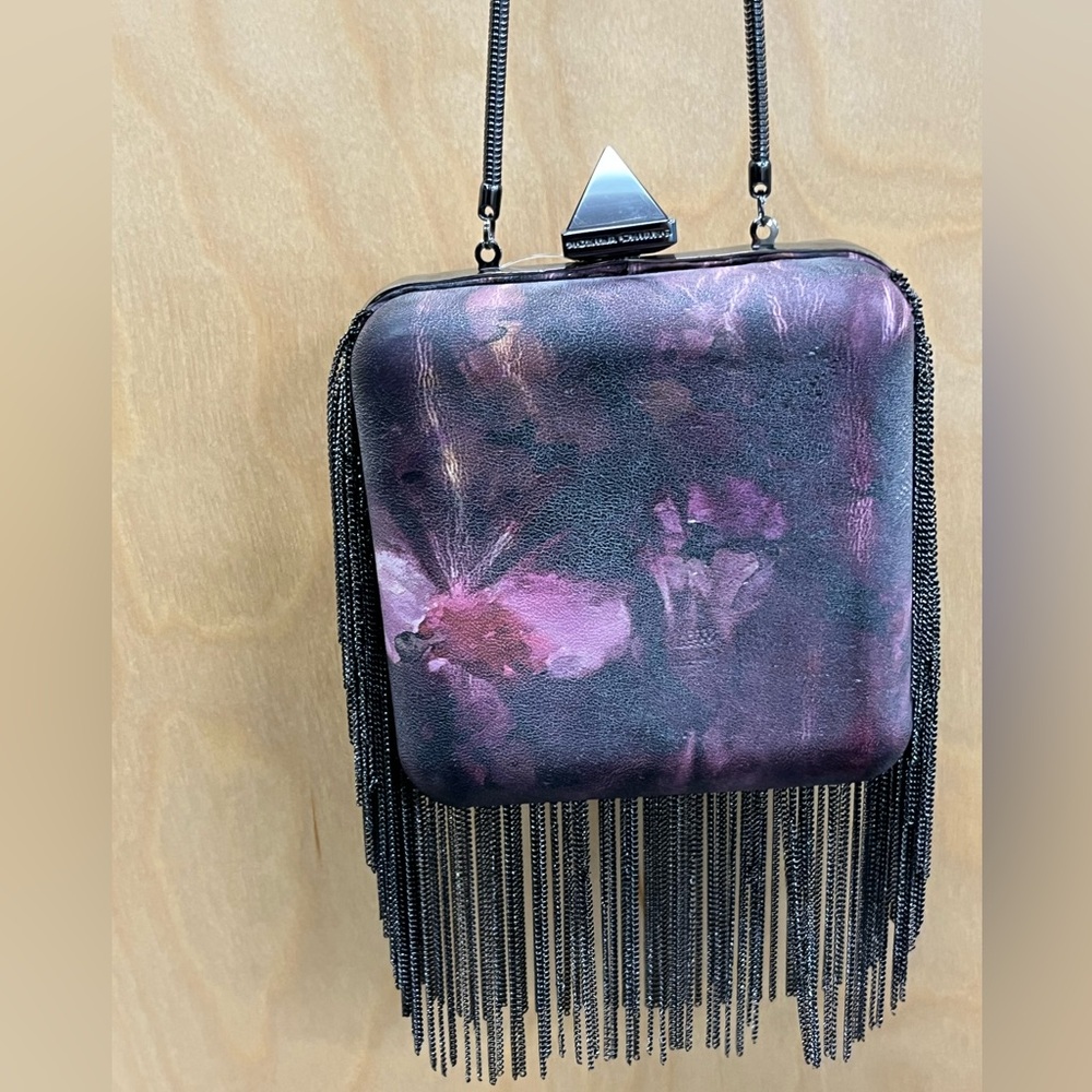 Monika Chiang Black and Purple Tie Dye Clutch with Metallic Fringe